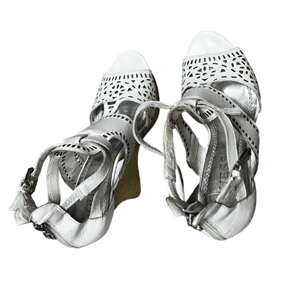 Guess Agenta White Leather Wooden Wedge Heels Sz 6.5 Womens Open Toe Ankle - Picture 10 of 16